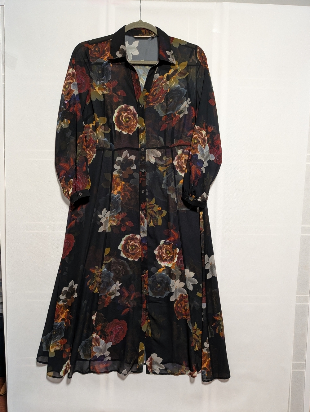 Soft Surroundings Anais Maxi Dress Transparent Floral Front Button Size XL